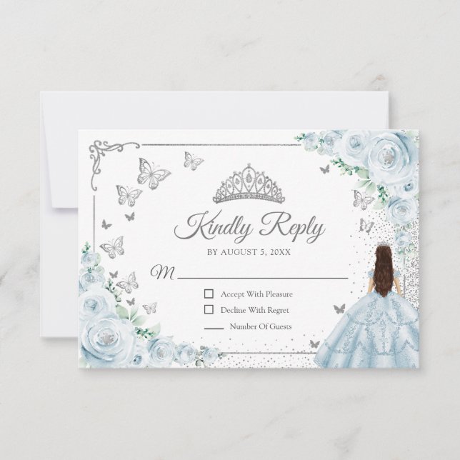 Cartão RSVP Elegant Chic Baby Blue Silver Quinceanera Reply (Frente)