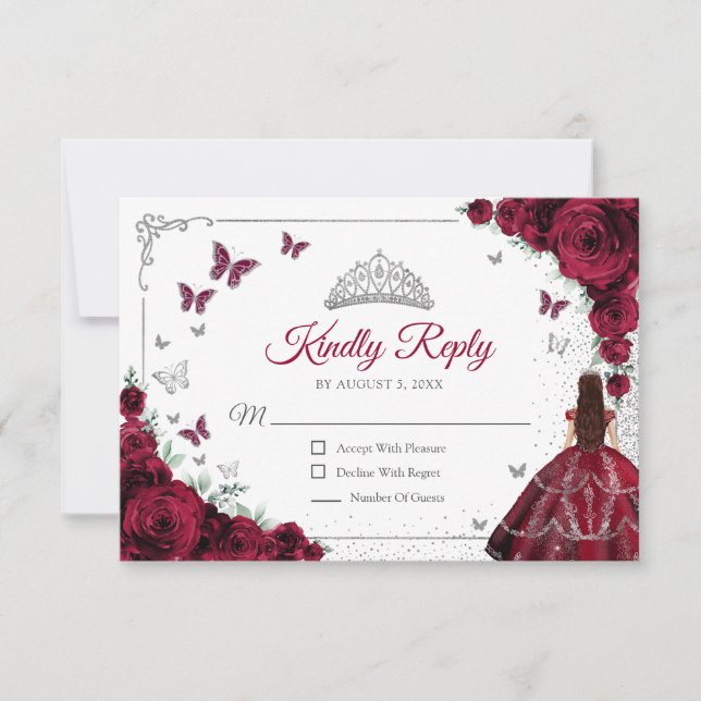 Cartão RSVP Elegant Chic Burgundy Silver Quinceanera Reply (Frente)