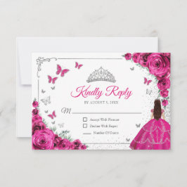 Cartão RSVP Elegant Chic Fuchsia Pink Silver Quinceanera Reply