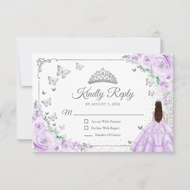 Cartão RSVP Elegant Chic Lilac Purple Silver Quinceanera Reply (Frente)