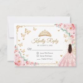Cartão RSVP Elegant Chic Pink Roses Gold Quinceanera Reply