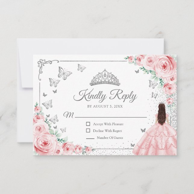 Cartão RSVP Elegant Chic Pink Silver Quinceanera Reply (Frente)