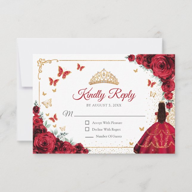Cartão RSVP Elegant Chic Red Roses Gold Quinceanera Reply (Frente)