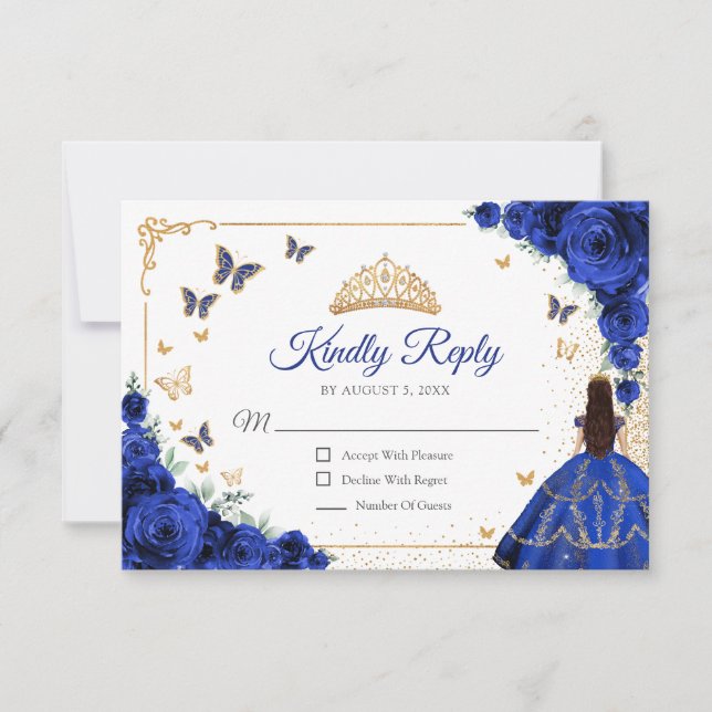 Cartão RSVP Elegant Chic Royal Blue Gold Quinceanera Reply (Frente)