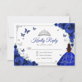 Cartão RSVP Elegant Chic Royal Blue Silver Quinceanera Reply