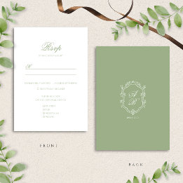 Cartão RSVP Elegant Classic Sage Green Monogram Crest Wedding