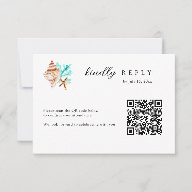 Cartão RSVP Elegant Coastal Seashell QR Code Beach Wedding (Frente)