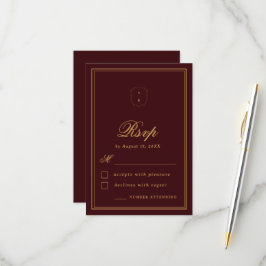 Cartão RSVP Elegant Crest Monogram Burgundy Gold Fall Wedding