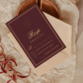 Cartão RSVP Elegant Crest Monogram Burgundy Gold Fall Wedding