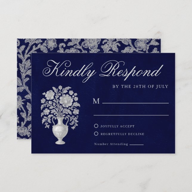 Cartão RSVP Elegant Crest Monogram Navy Heritage Wedding (Frente/Verso)