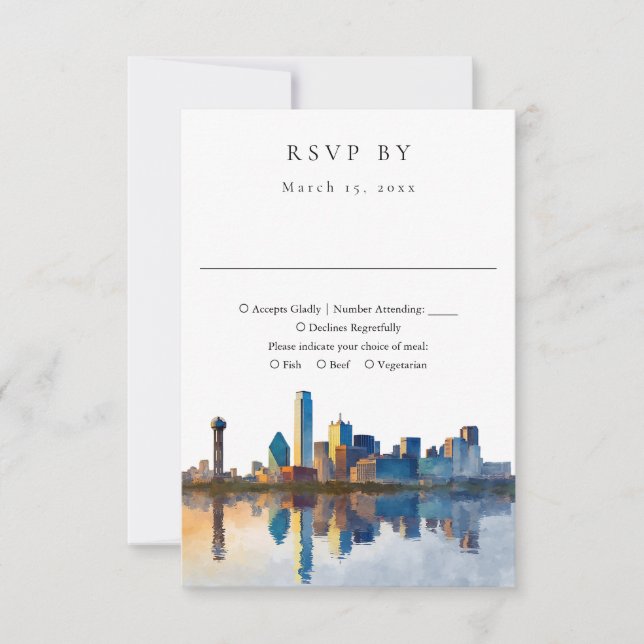 Cartão RSVP Elegant Dallas Skyline Watercolor Wedding (Frente)