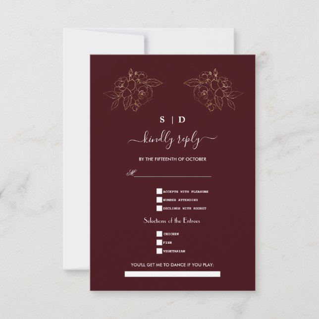 Cartão RSVP Elegant Deep Burgundy Gold Song Request Wedding  (Frente)