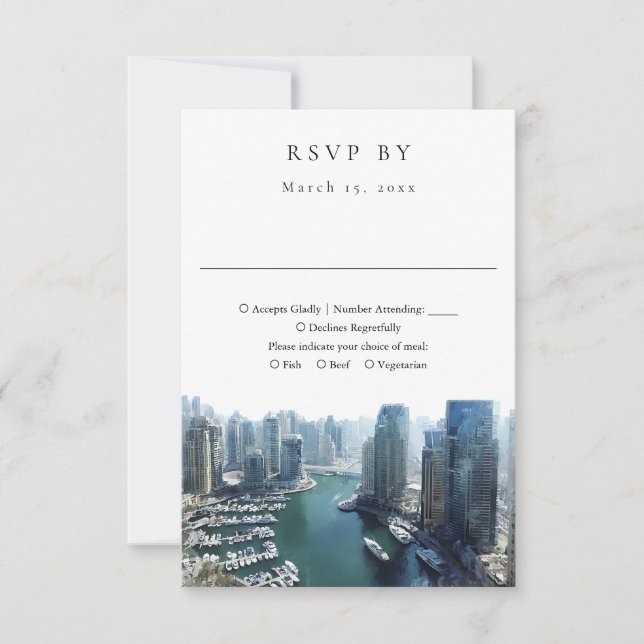 Cartão RSVP Elegant Dubai Skyline Watercolor Wedding (Frente)