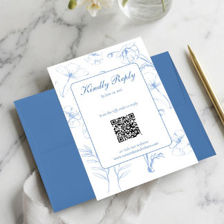 Cartão RSVP Elegant Dusty Blue Floral Line Art QR Code Wedding