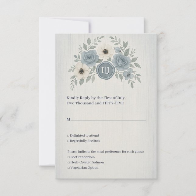 Cartão RSVP Elegant Dusty Blue Floral Wax Seal Wedding (Frente)
