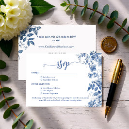 Cartão RSVP Elegant Dusty Blue Toile Floral  QR Code Wedding