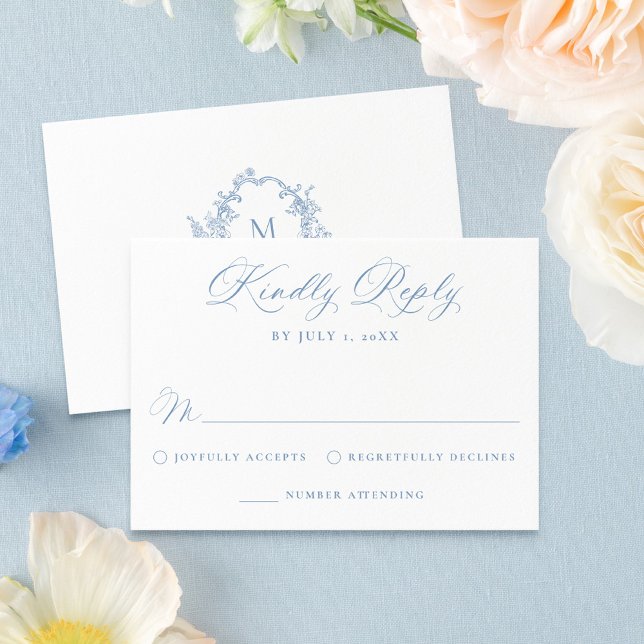 Cartão RSVP Elegant Dusty Blue Victorian Floral Wedding (Criador carregado)