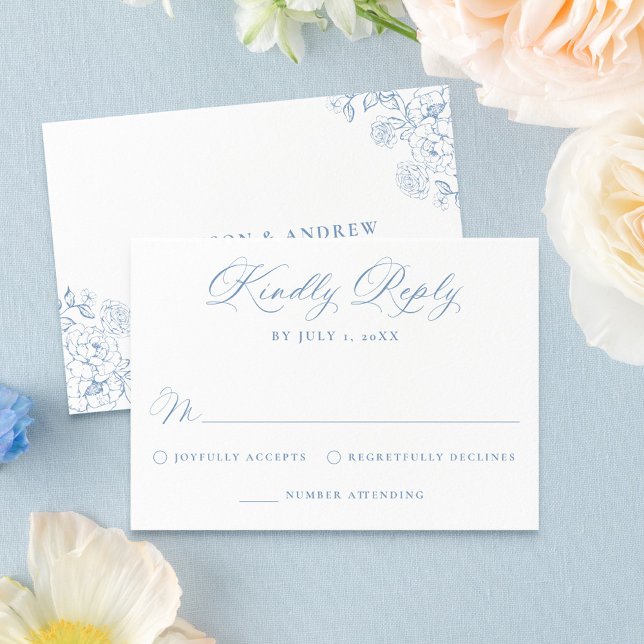 Cartão RSVP Elegant Dusty Blue Victorian Floral Wedding (Criador carregado)