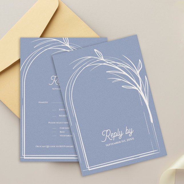 Cartão RSVP Elegant Dusty Blue With QR Code Wedding Reply By (Dusty Blue Minimalist Arch Botanical Wedding RSVP Card with QR Code | Modern Wedding Reply Card)