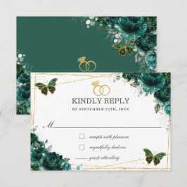 Cartão RSVP Elegant Emerald Green Floral Butterflies Wedding