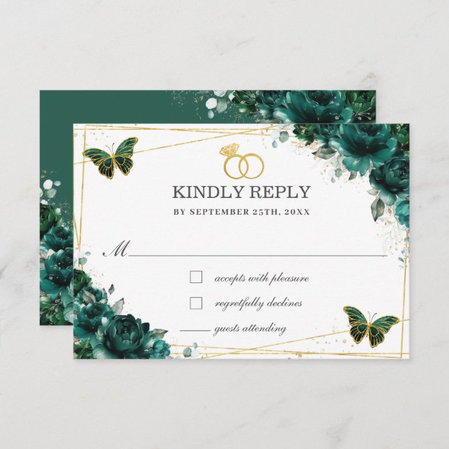 Cartão RSVP Elegant Emerald Green Floral Butterflies Wedding (Frente/Verso)