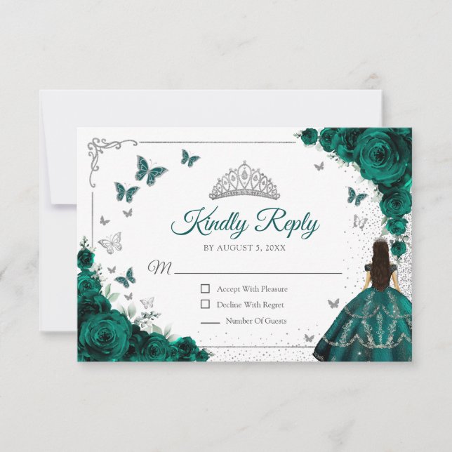 Cartão RSVP Elegant Emerald Green Silver Quinceanera Reply (Frente)