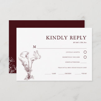 Cartão RSVP Elegant Floral Burgundy Wedding 