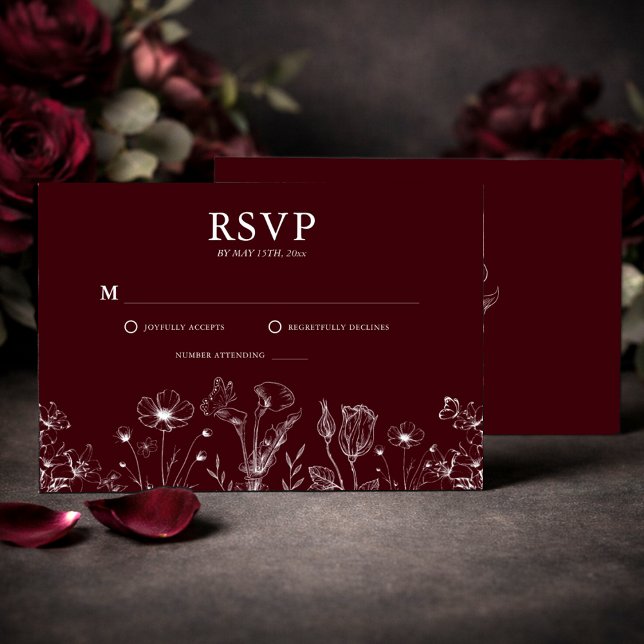 Cartão RSVP Elegant Floral Burgundy Wedding  (Criador carregado)