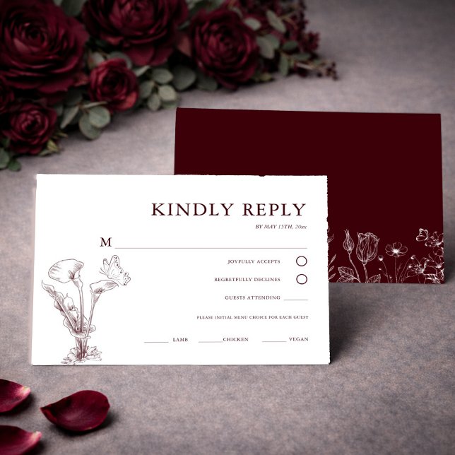 Cartão RSVP Elegant Floral Burgundy Wedding  (Criador carregado)