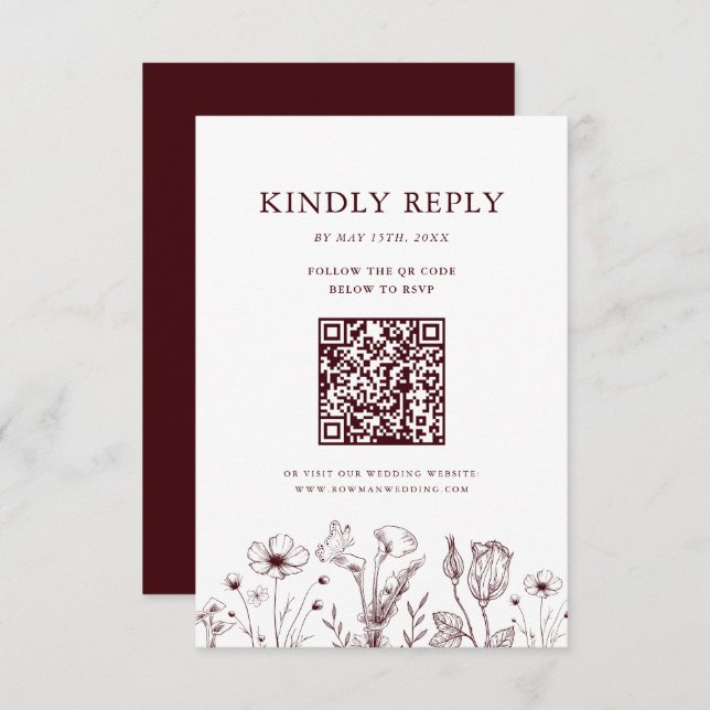 Cartão RSVP Elegant Floral Burgundy Wedding QR Code (Frente/Verso)