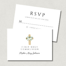 Cartão RSVP Elegant Floral Cross Girl First Holy Communion