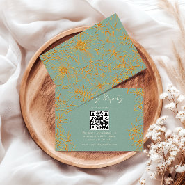 Cartão RSVP Elegant Floral Sage Green Gold QR Code Wedding