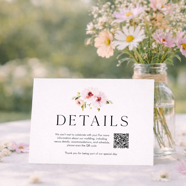 Cartão RSVP Elegant Floral Wedding Details Card with QR Code (Criador carregado)