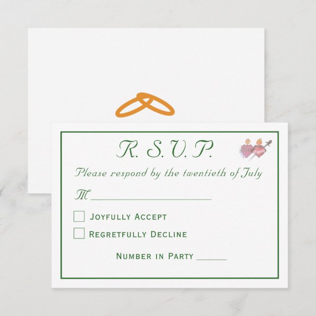 Cartão RSVP Elegant Forest Green Two Hearts Catholic Wedding  (Frente/Verso)