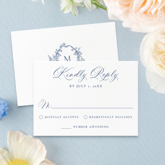 Cartão RSVP Elegant French Blue Victorian Floral Wedding (Criador carregado)