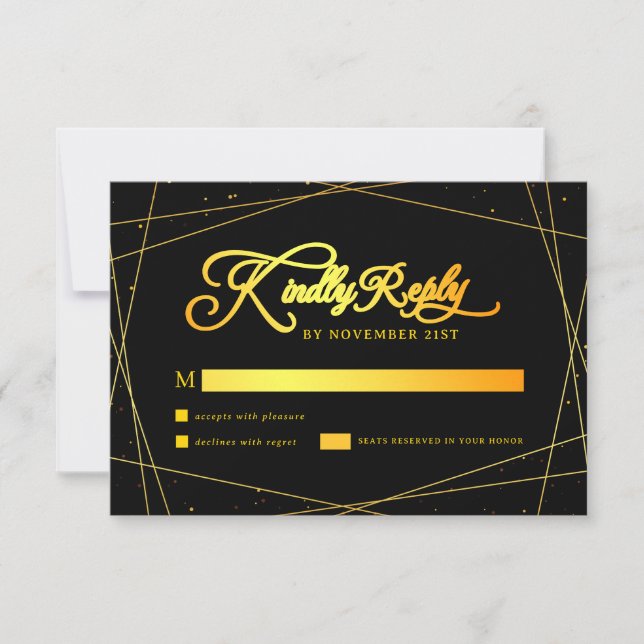 Cartão RSVP Elegant Geometric Black and Gold  Wedding (Frente)