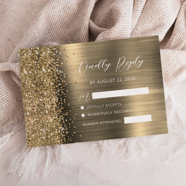 Cartão RSVP Elegant Gold Brushed Metal Glitter Script Wedding (Criador carregado)