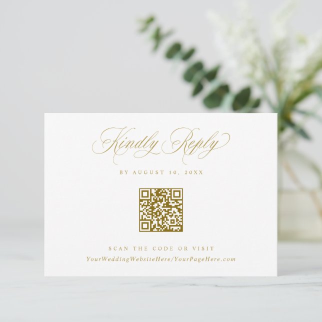 Cartão RSVP Elegant Gold Crest Logo Wedding QR Code (Em pé/Frente)