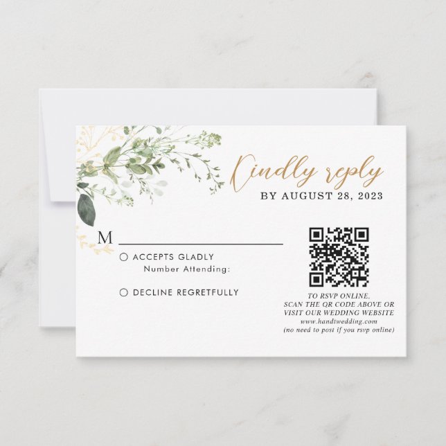 Cartão RSVP Elegant Gold Greenery Eucalyptus QR Code Wedding  (Frente)