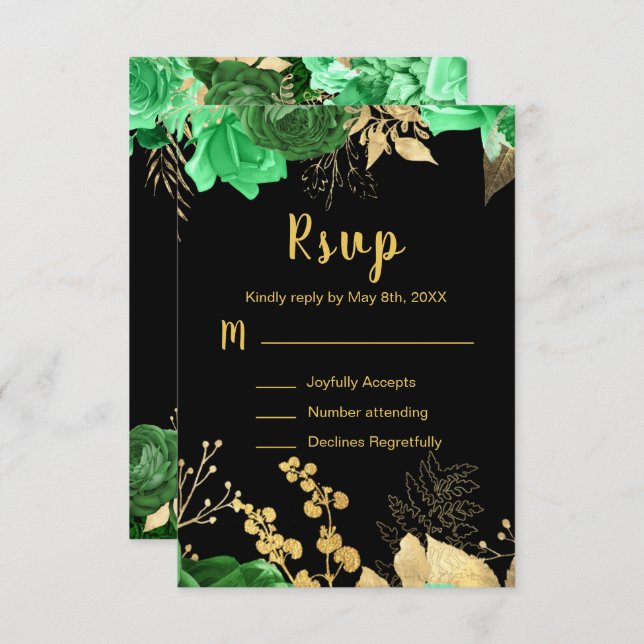 Cartão RSVP Elegant Green and Gold Flowers Sweet Sixteen (Frente/Verso)