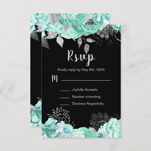Cartão RSVP Elegant Green and Silver Flowers Sweet Sixteen (Frente/Verso)