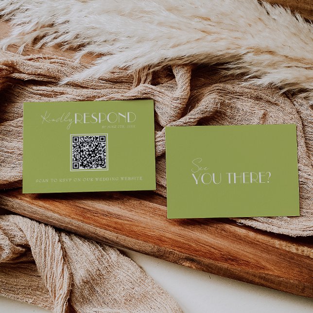 Cartão RSVP Elegant Green Minimalist QR Code Wedding (Criador carregado)