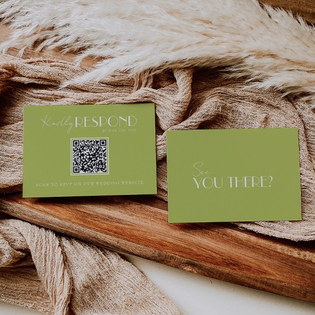 Cartão RSVP Elegant Green Minimalist QR Code Wedding (Criador carregado)