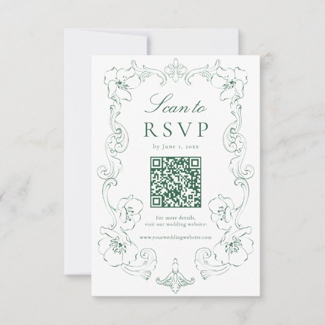 Cartão RSVP Elegant Green Ornate Floral QR Code Wedding (Frente)