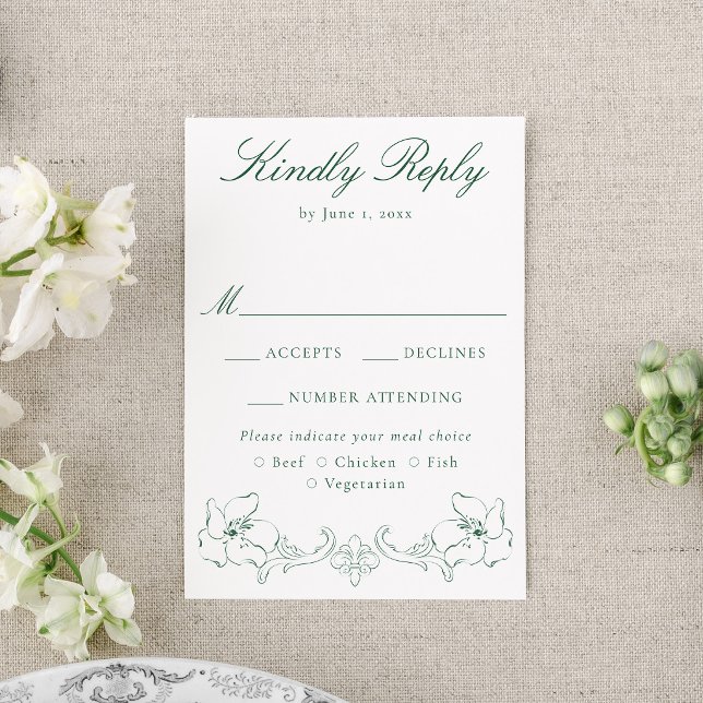Cartão RSVP Elegant Green Ornate Floral Wedding (Criador carregado)