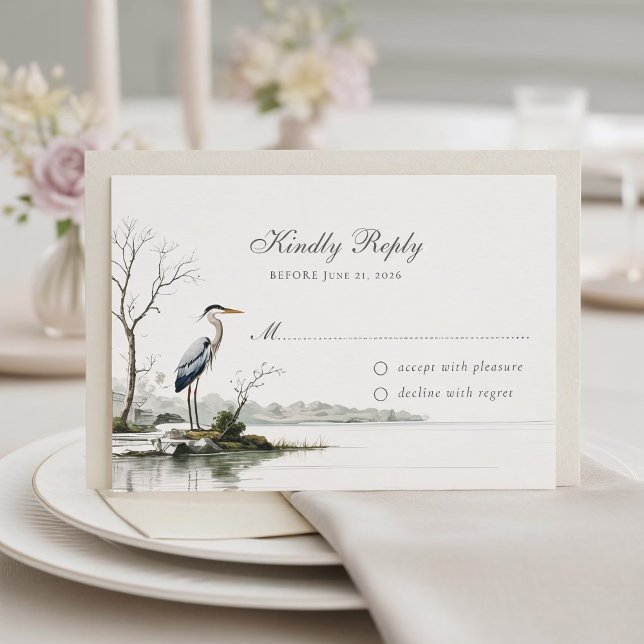 Cartão RSVP Elegant Heron Toile French Country Wedding (Criador carregado)