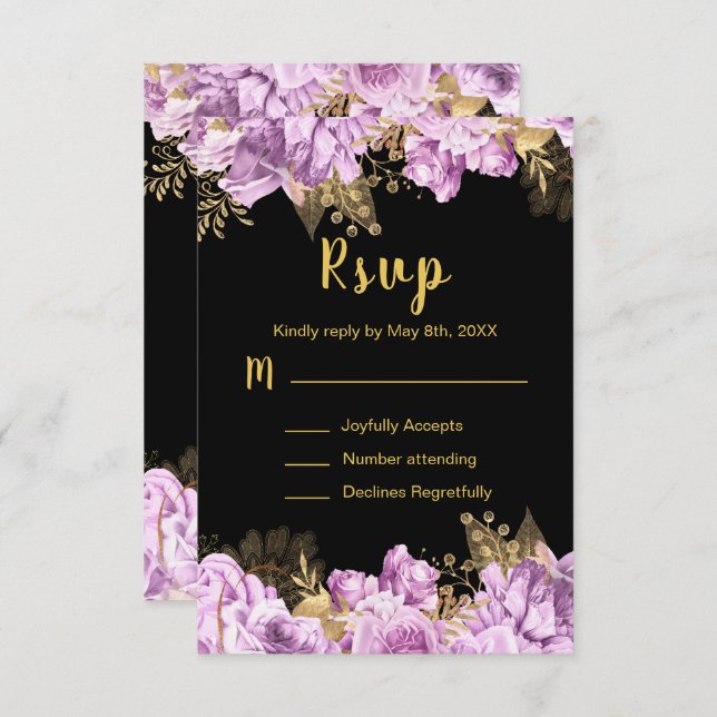 Cartão RSVP Elegant Lilac and Gold Flowers Sweet Sixteen (Frente/Verso)