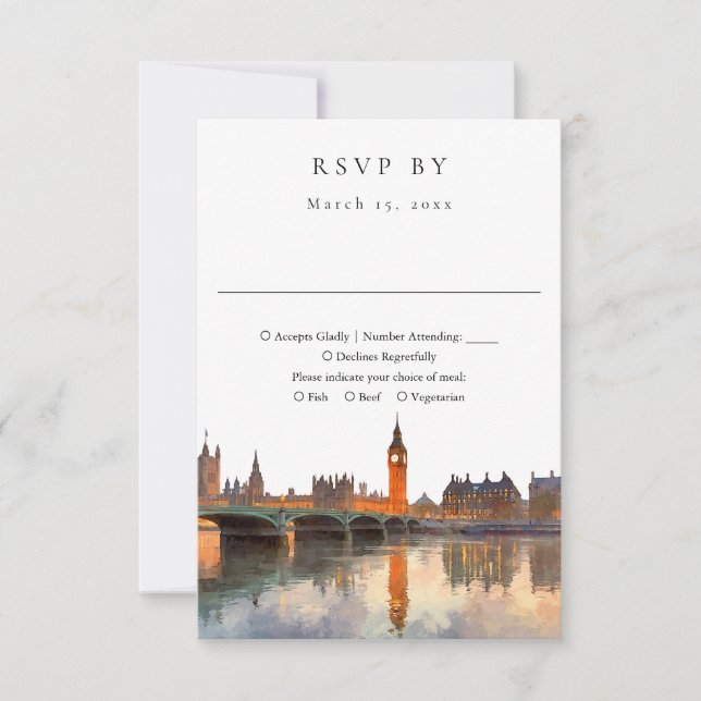 Cartão RSVP Elegant London Skyline Watercolor Wedding (Frente)