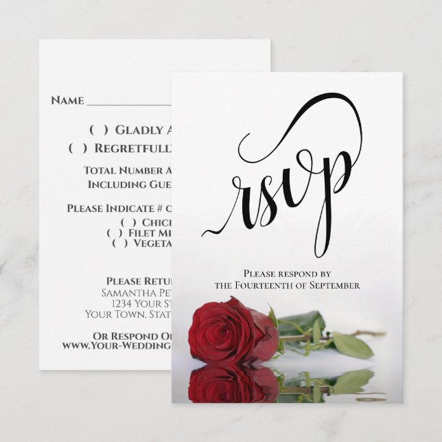 Cartão RSVP Elegant Long-Stemmed Red Rose Simple Wedding (Frente/Verso)