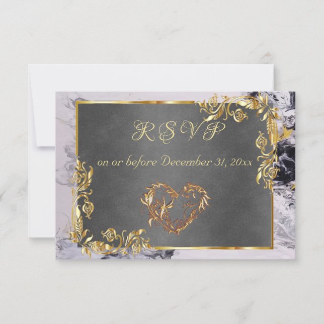 Cartão RSVP Elegant Marble, Grey, Gold Frame, Gold Heart (Frente)